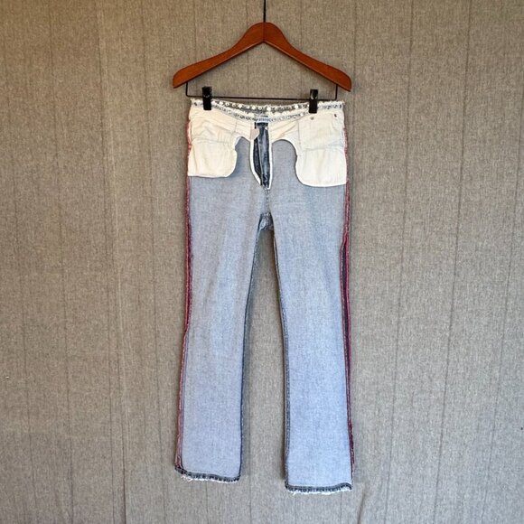 Y2K Vintage Parasuco Mid Rise Clear Rhinestone Raw Waist Flare Leg Jeans Size 4 - Picture 11 of 16